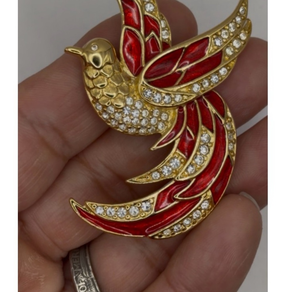 Vintage Giorgio’s Collection Red & Gold-Tone Enamel Crystal Bird Brooch Jewelry - Picture 9 of 9